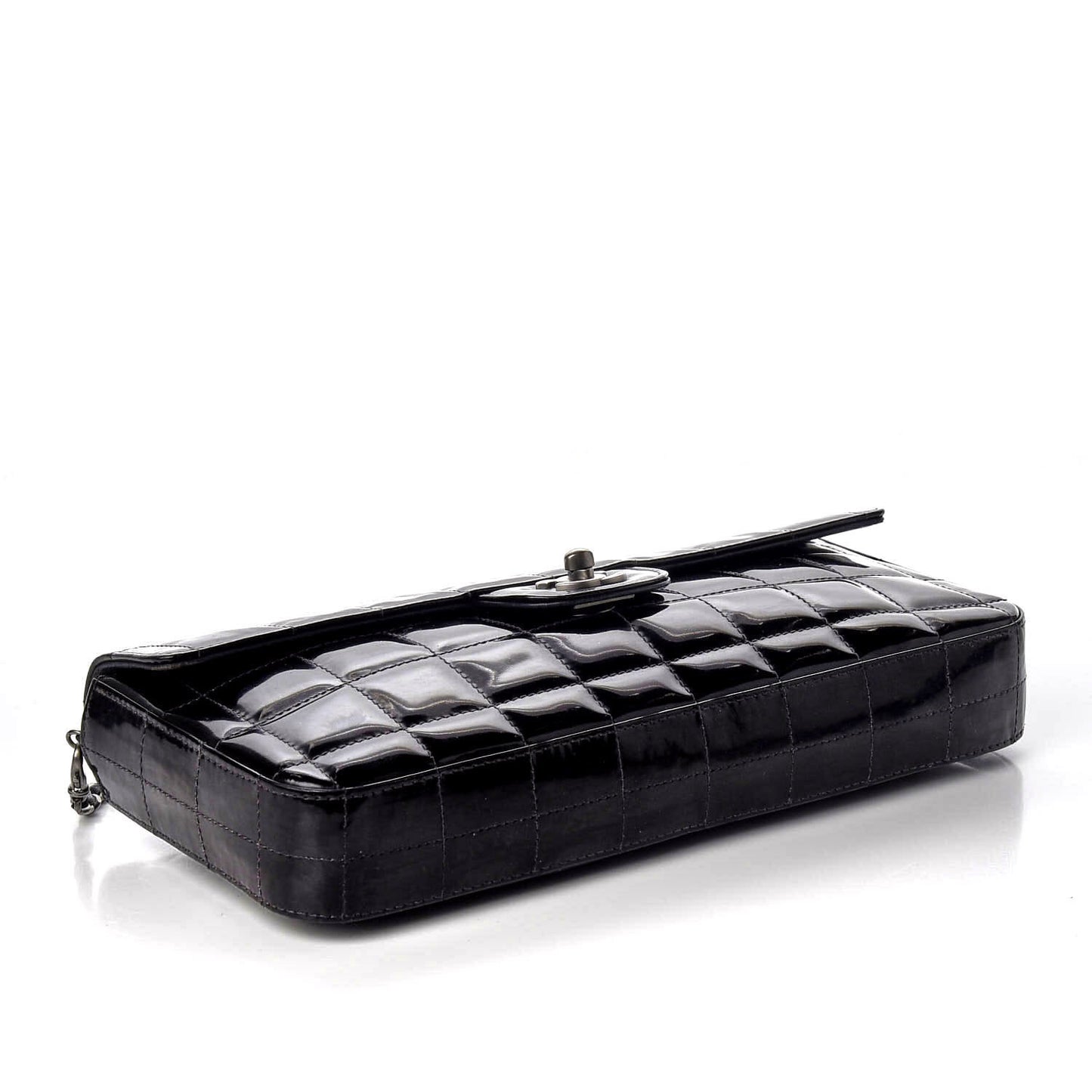 Patent Quilted East West Chocolate Bar Flap Black