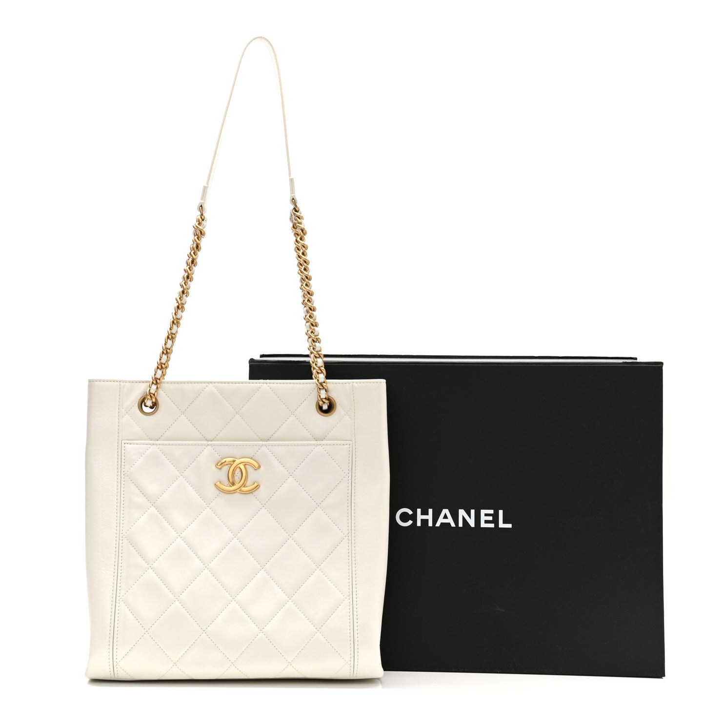 Calfskin Quilted Small Shopping Tote White