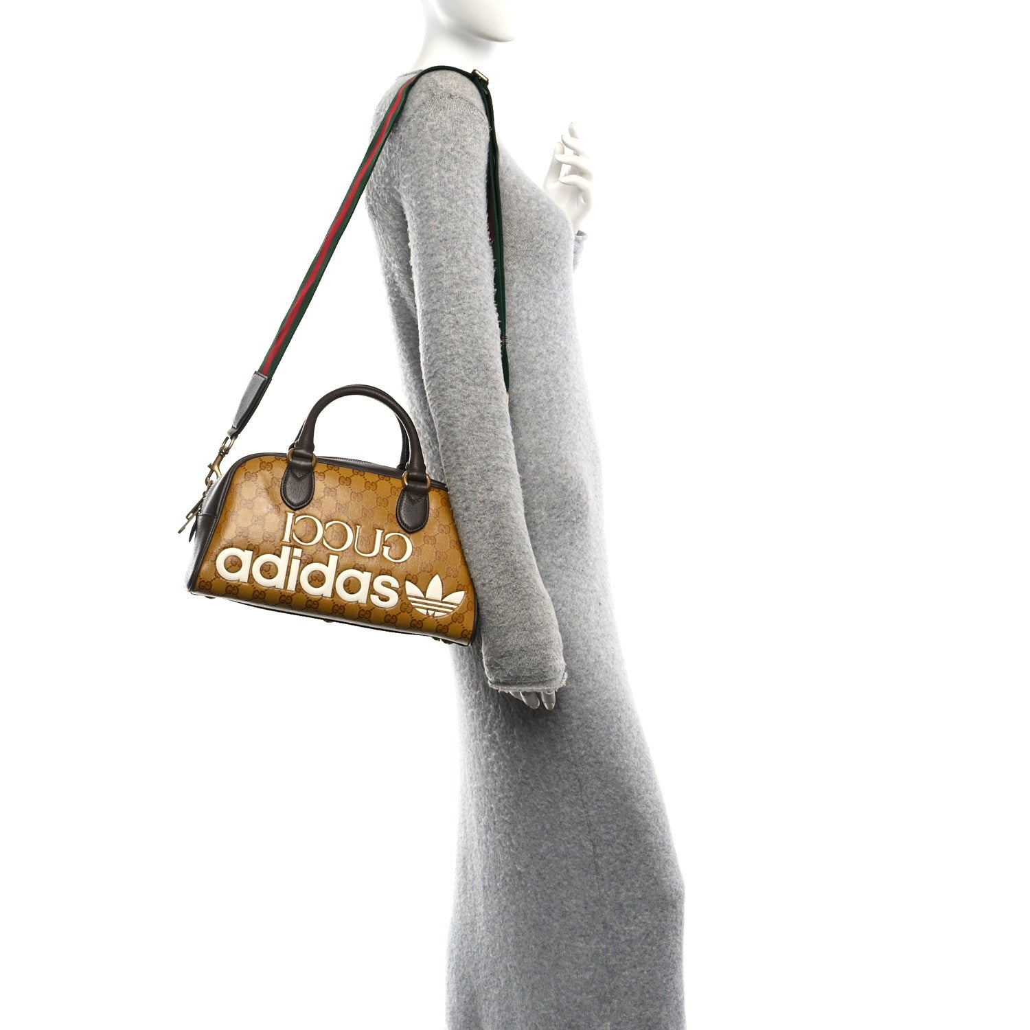 Gucci X ADIDAS Crystal Vintage Monogram Textured Dollar Calfskin Web Trefoil Logo Mini Bowling Bag Mid Natural Nut Off White New Acero 2 of 10
