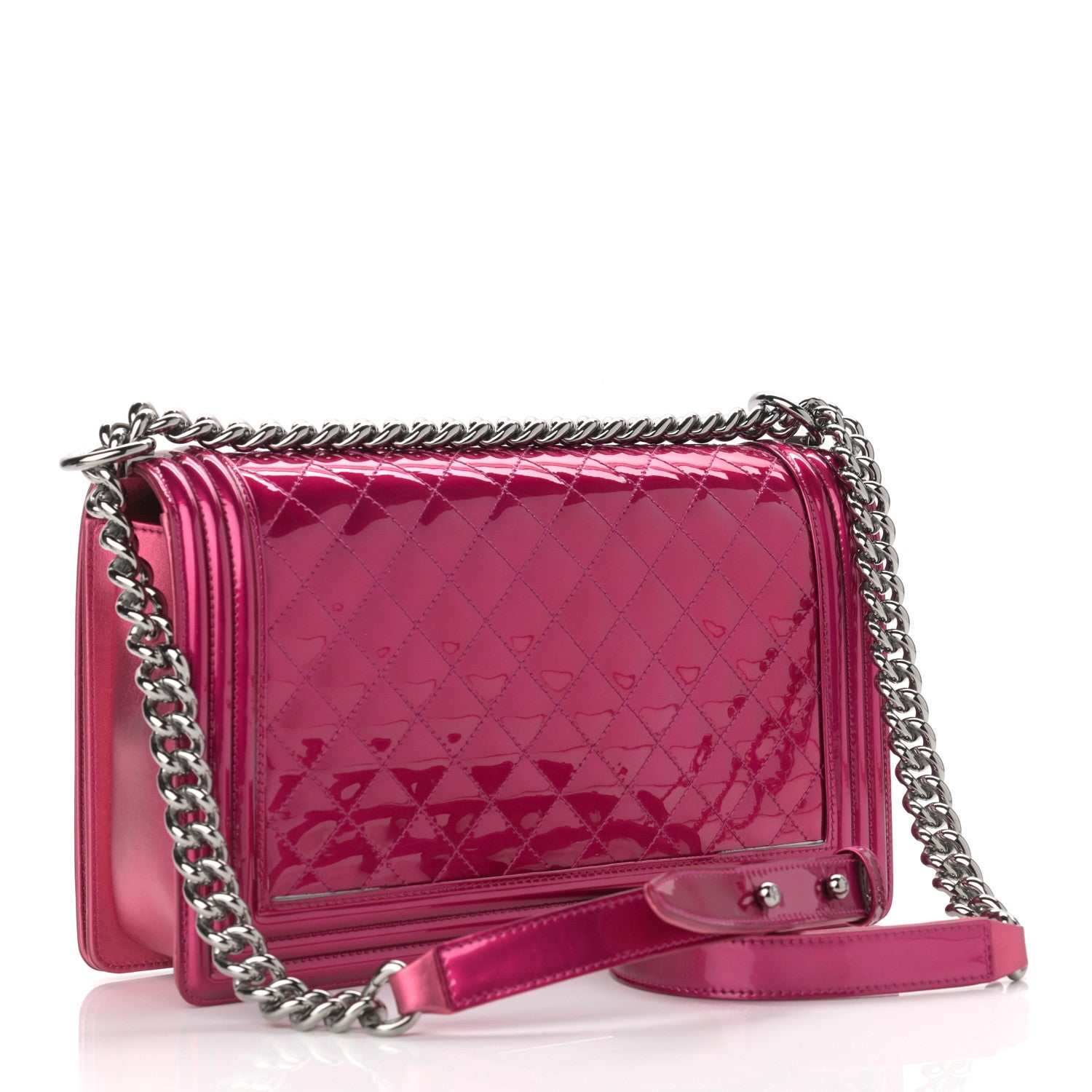 Chanel Metallic Patent Quilted New Medium Boy Flap Fuchsia 3 of 15