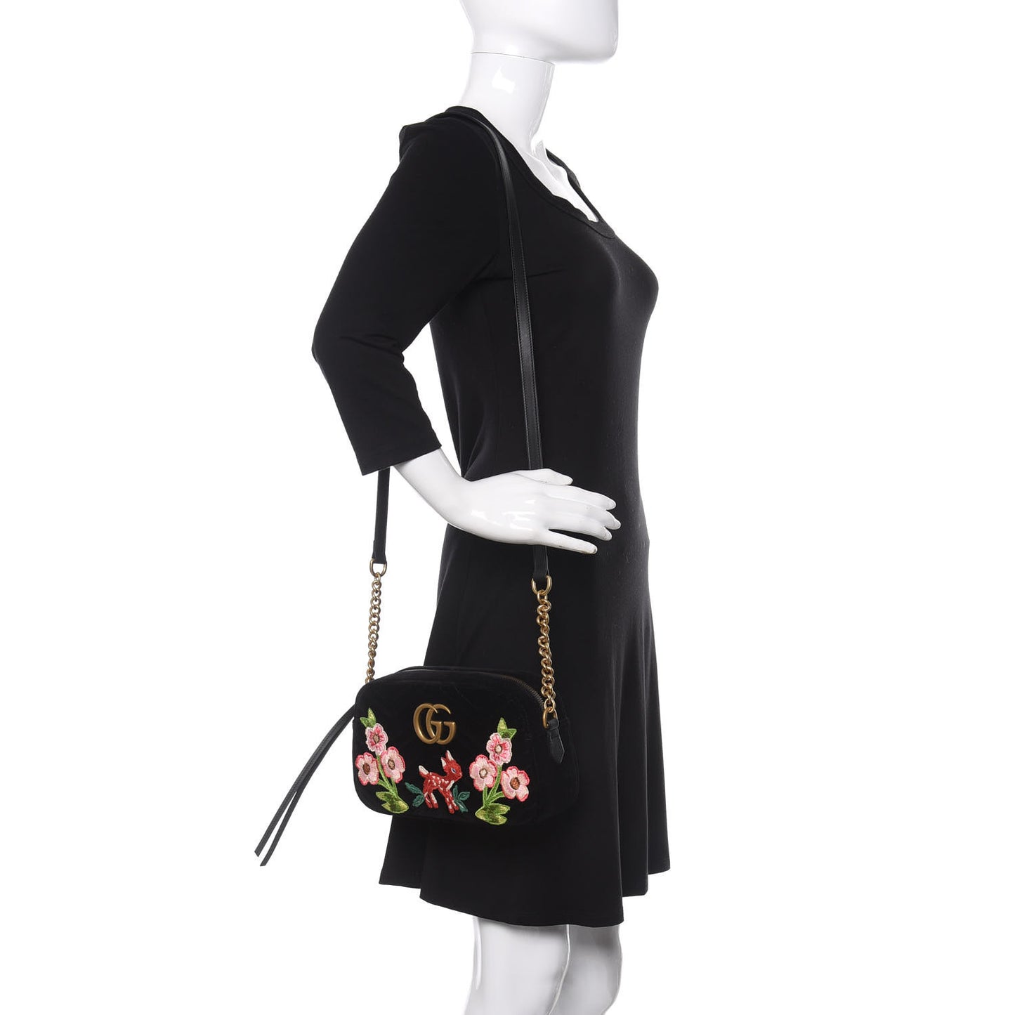 Velvet Matelasse Deer Embroidered Small GG Marmont Chain Shoulder Bag Black