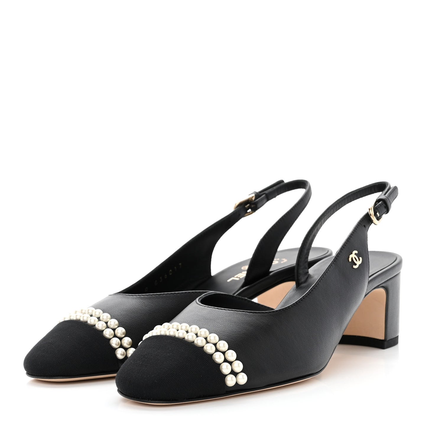 Lambskin Grosgrain Pearl Cap Toe CC Slingback Pumps 36 Black