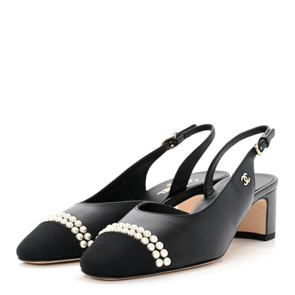 Chanel Lambskin Grosgrain Pearl Cap Toe CC Slingback Pumps 36 Black 3 of 9