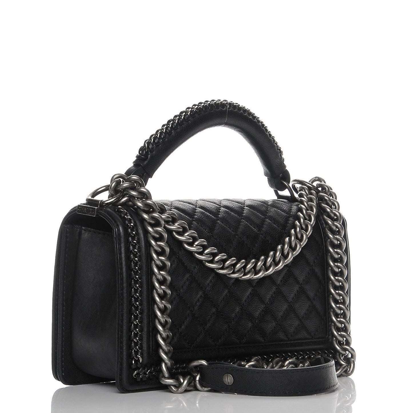 Calfskin Quilted Medium Boy Top Handle Flap Black