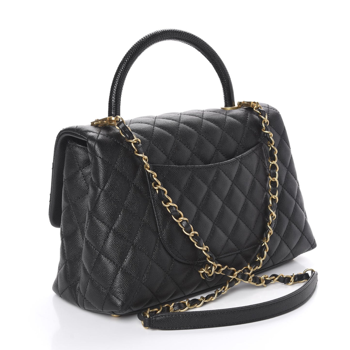 Caviar Lizard Embossed Quilted Small Coco Handle Flap Black