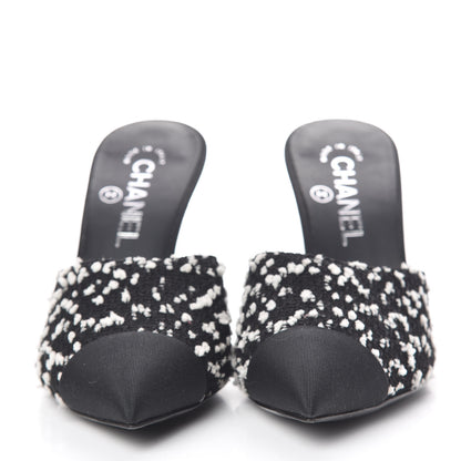 Chanel Tweed Grosgrain Pearl Mules 37 Black White 2 of 13