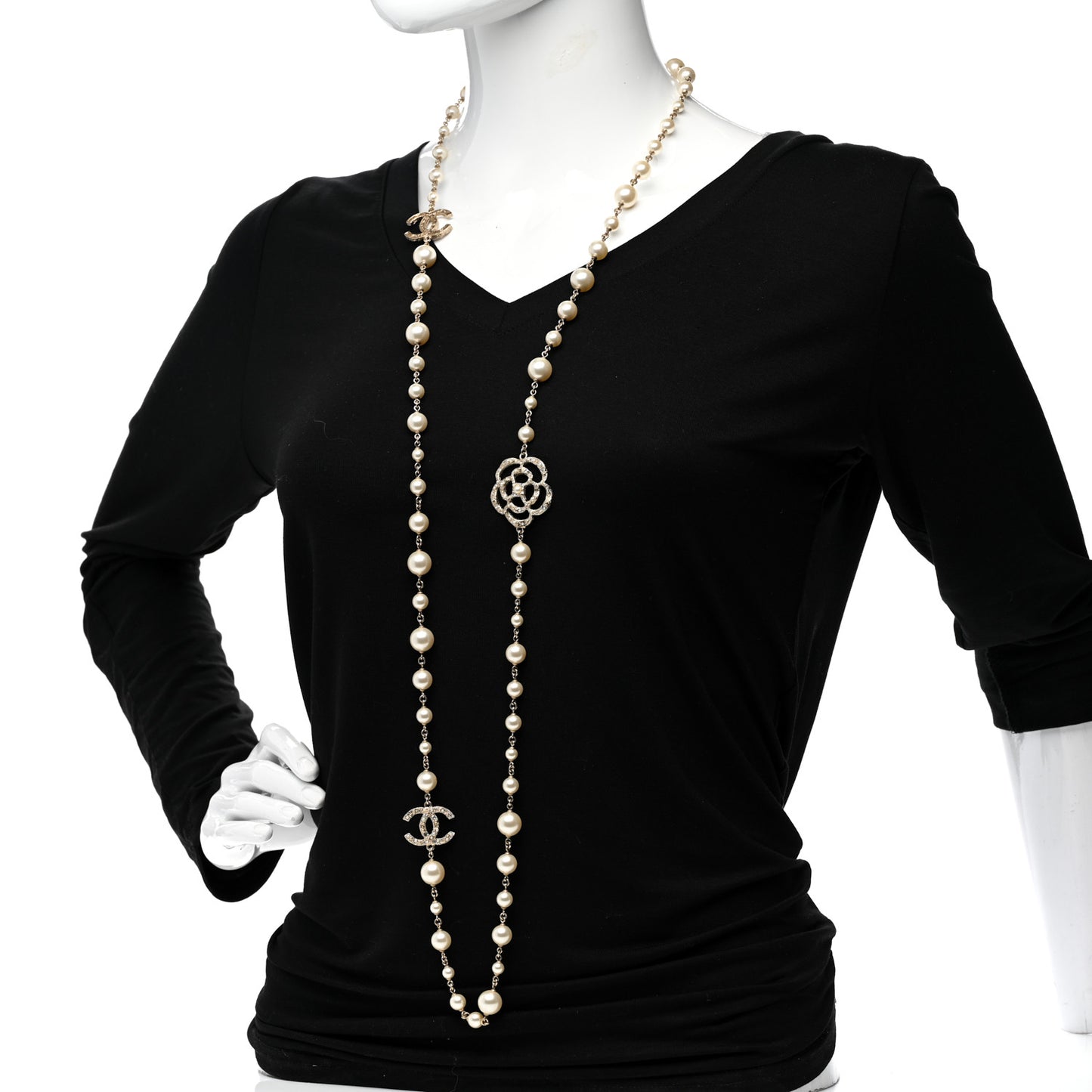 Pearl Crystal Camellia CC Necklace Gold