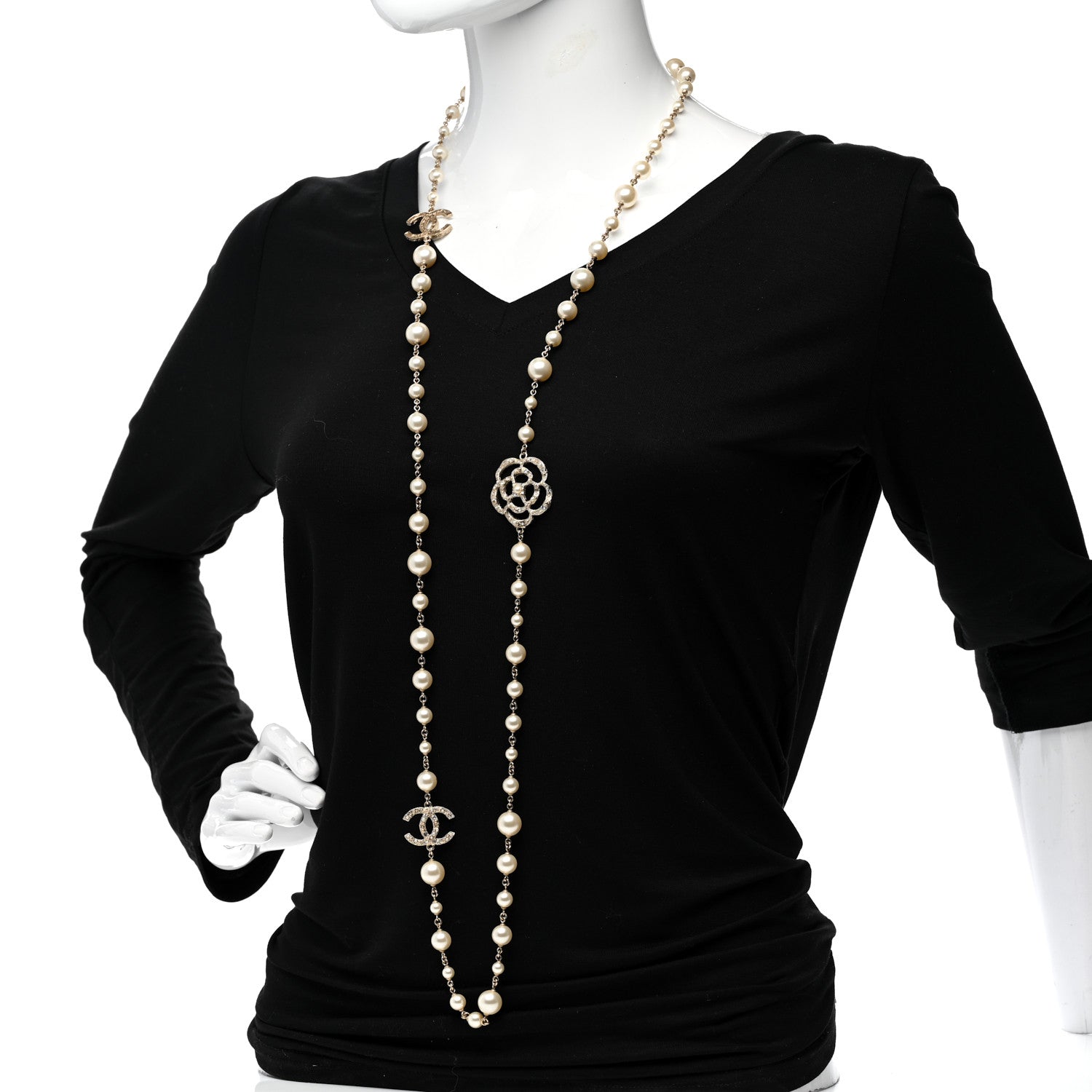 Chanel Pearl Crystal Camellia CC Necklace Gold 2 of 6