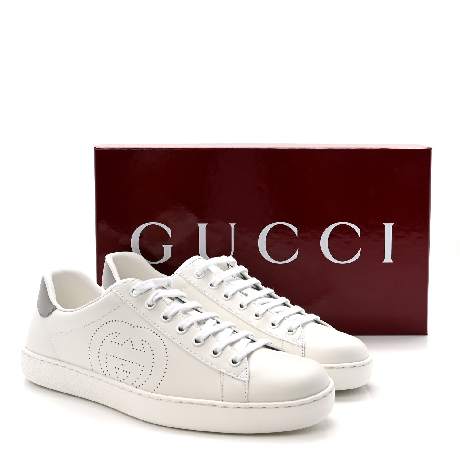 Gucci Calfskin Interlocking G Perforated Mens Ace Sneakers 10 White Grey Sky 10 of 10