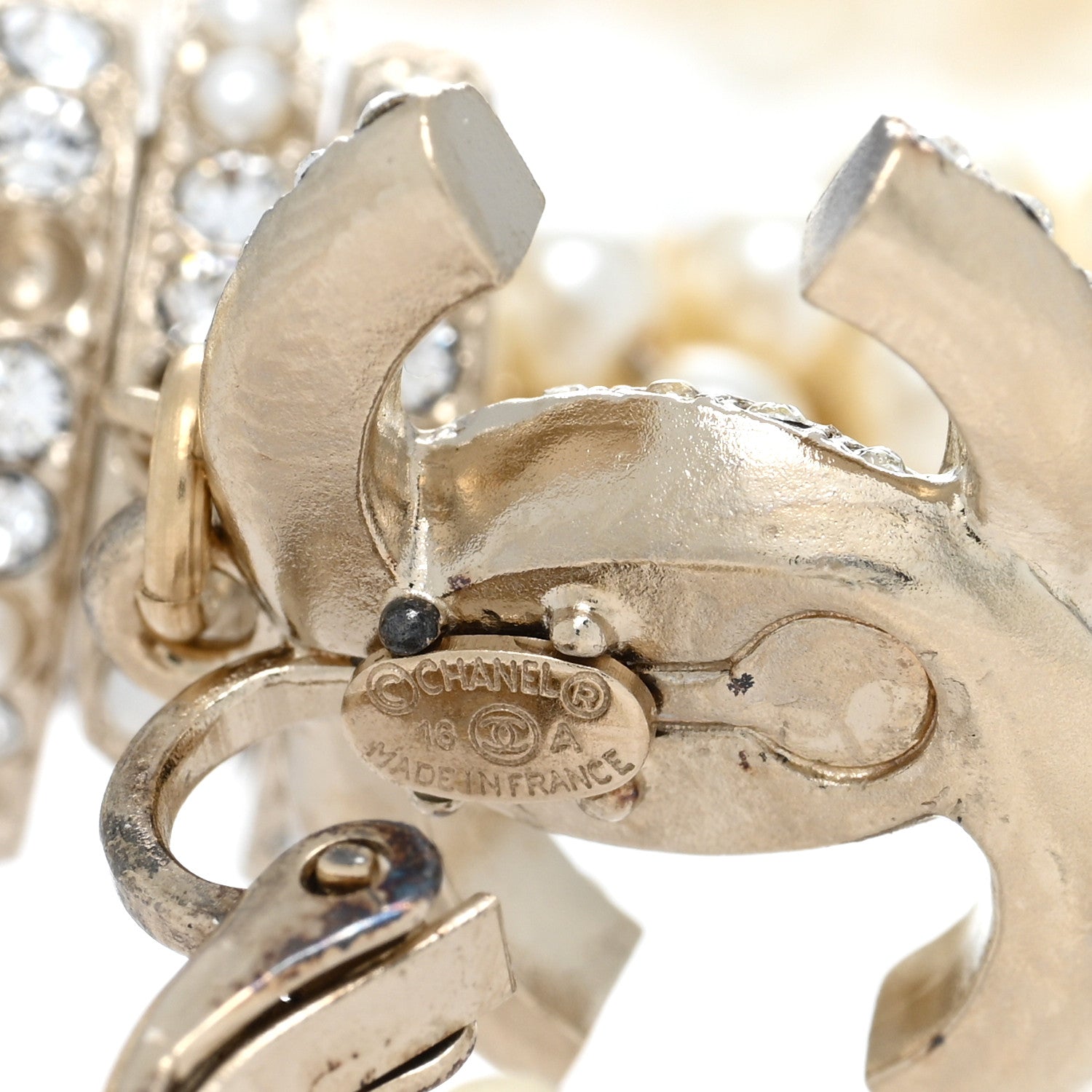 Chanel Crystal Pearl CC Hoop Earrings Gold Pearly White 4 of 5