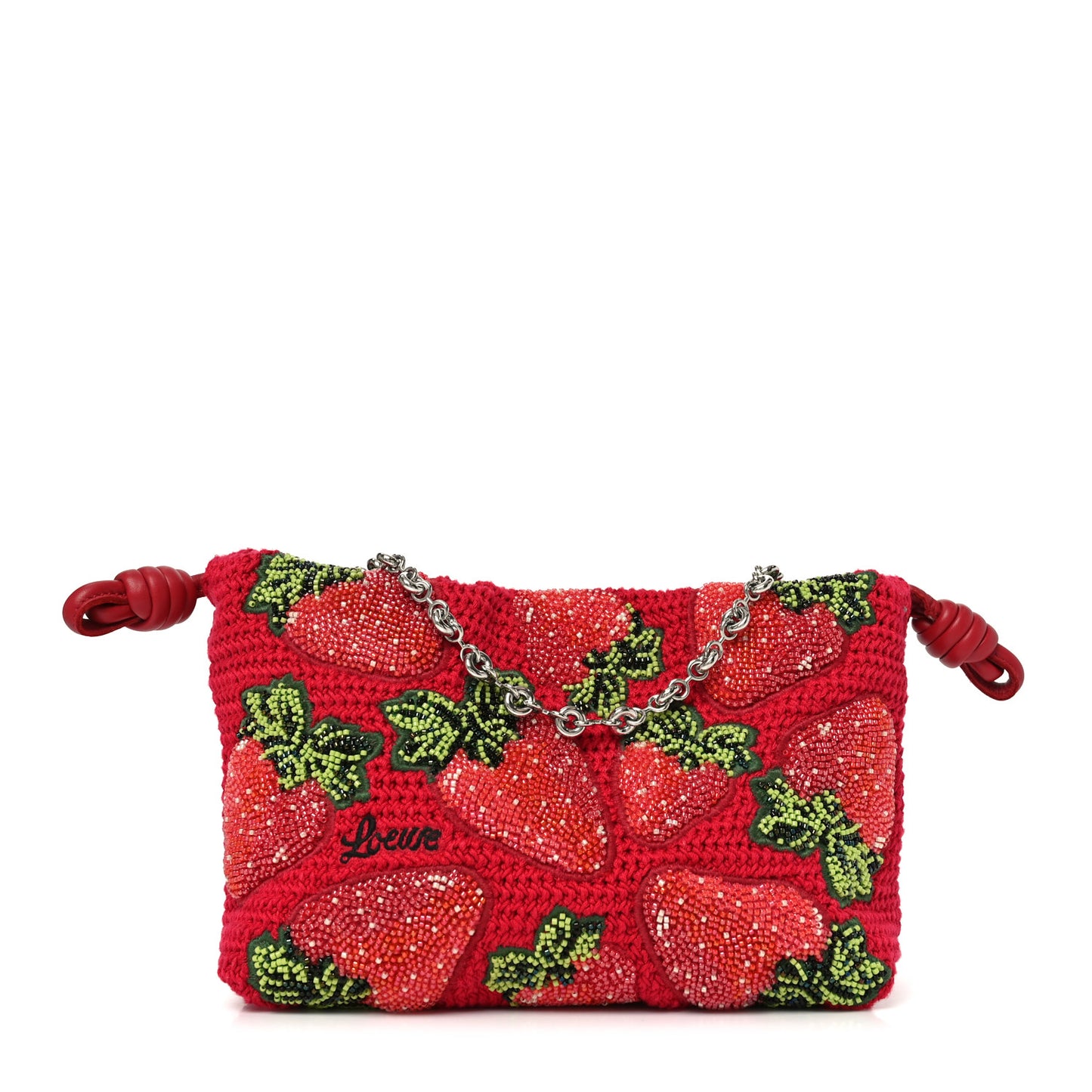 Crochet Beaded Strawberry Mini Flamenco Knot Clutch With Chain Red