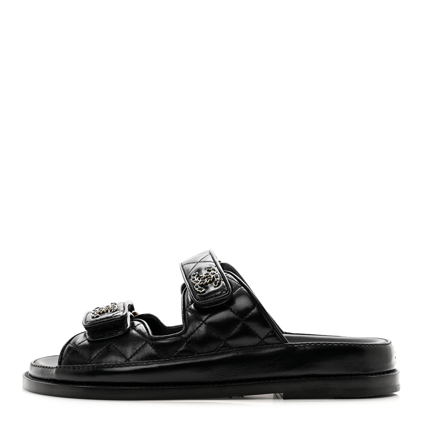 Lambskin Quilted Velcro Dad Chain CC Slide Sandals 36 Black
