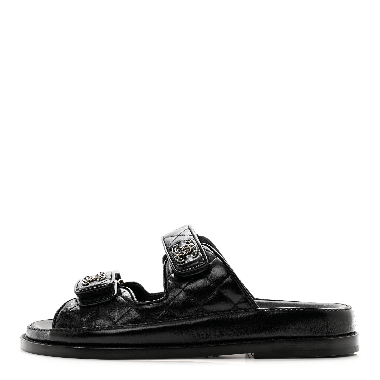 Chanel Lambskin Quilted Velcro Dad Chain CC Slide Sandals 36 Black 1 of 9