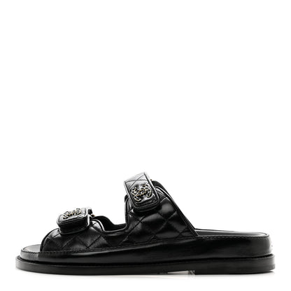 Chanel Lambskin Quilted Velcro Dad Chain CC Slide Sandals 36 Black 1 of 9