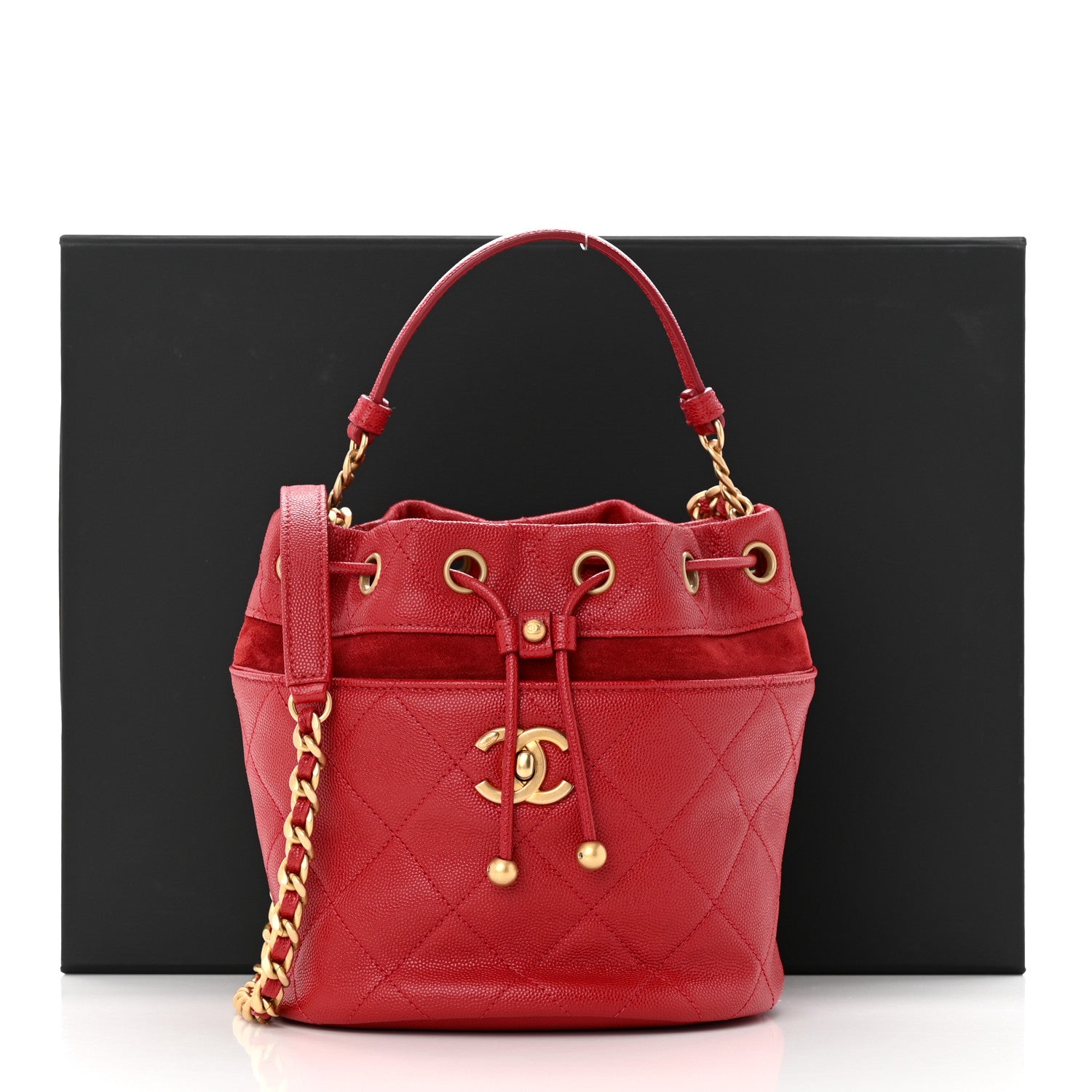 Chanel Caviar Suede Quilted Drawstring Bucket Bag Dark Red 11 of 11