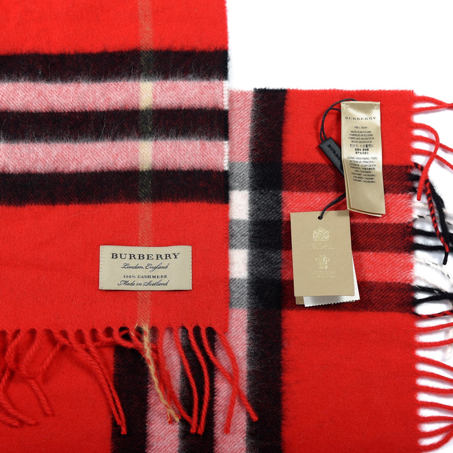 Cashmere Giant Check Fringe Scarf Bright Red