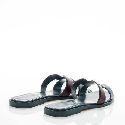 Hermes Box Calfskin Oran Sandals 37.5 Bleu Ardoise Bordeaux 4 of 7