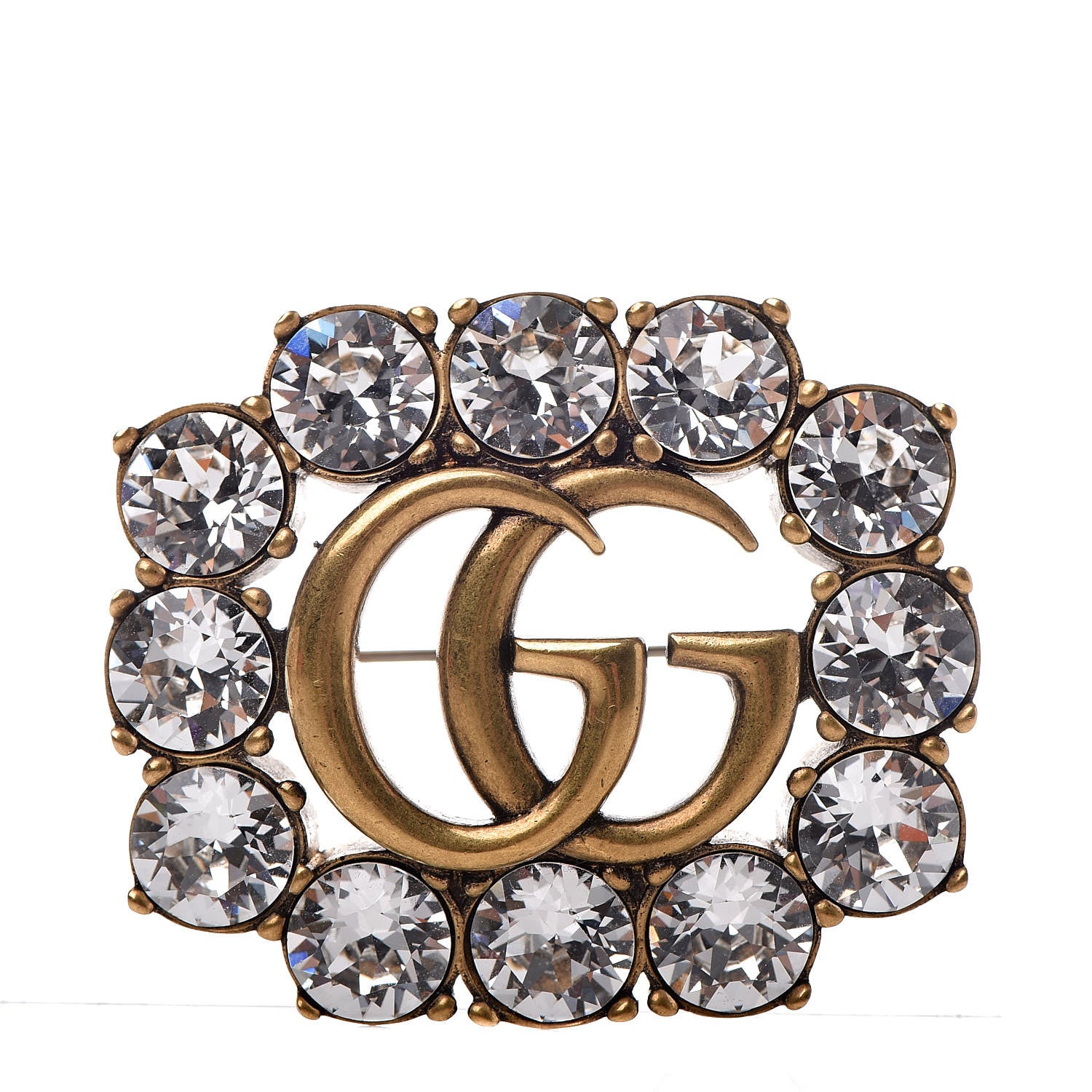 Gucci Metal Crystal Double G Brooch Aged Gold 1 of 5