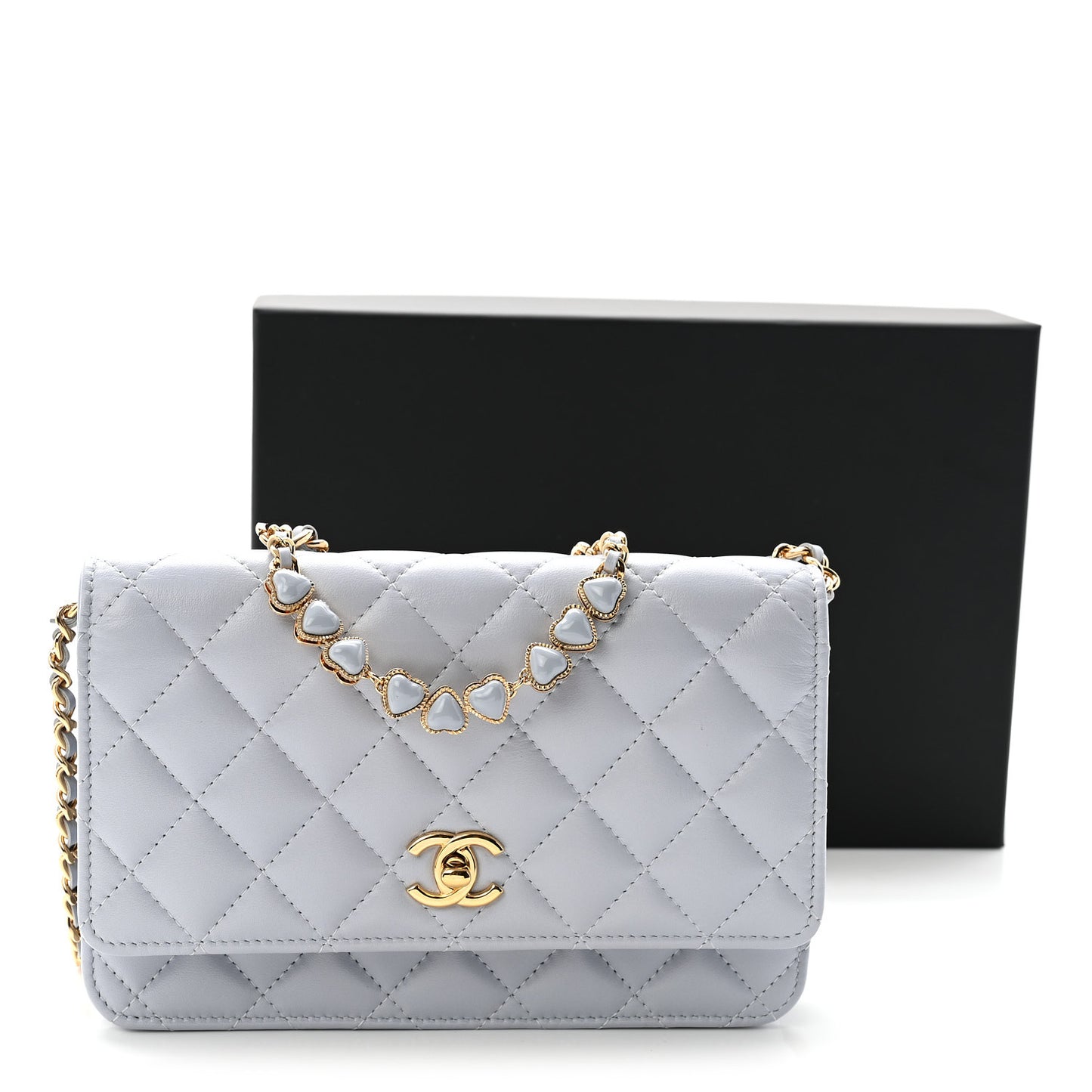 Lambskin Quilted Hearts CC Wallet On Chain WOC Light Blue