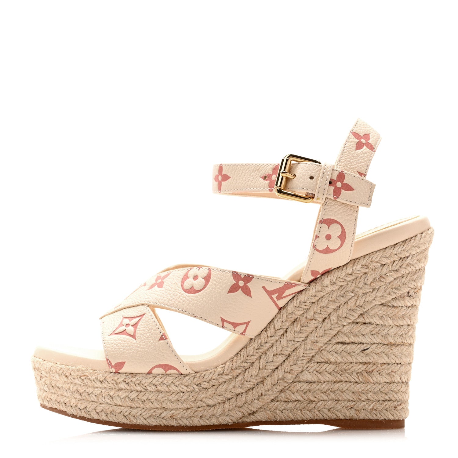 Louis Vuitton Calfskin Monogram Embossed Espadrille Wedge Sandals 39 Creme Bois De Rose 1 of 10