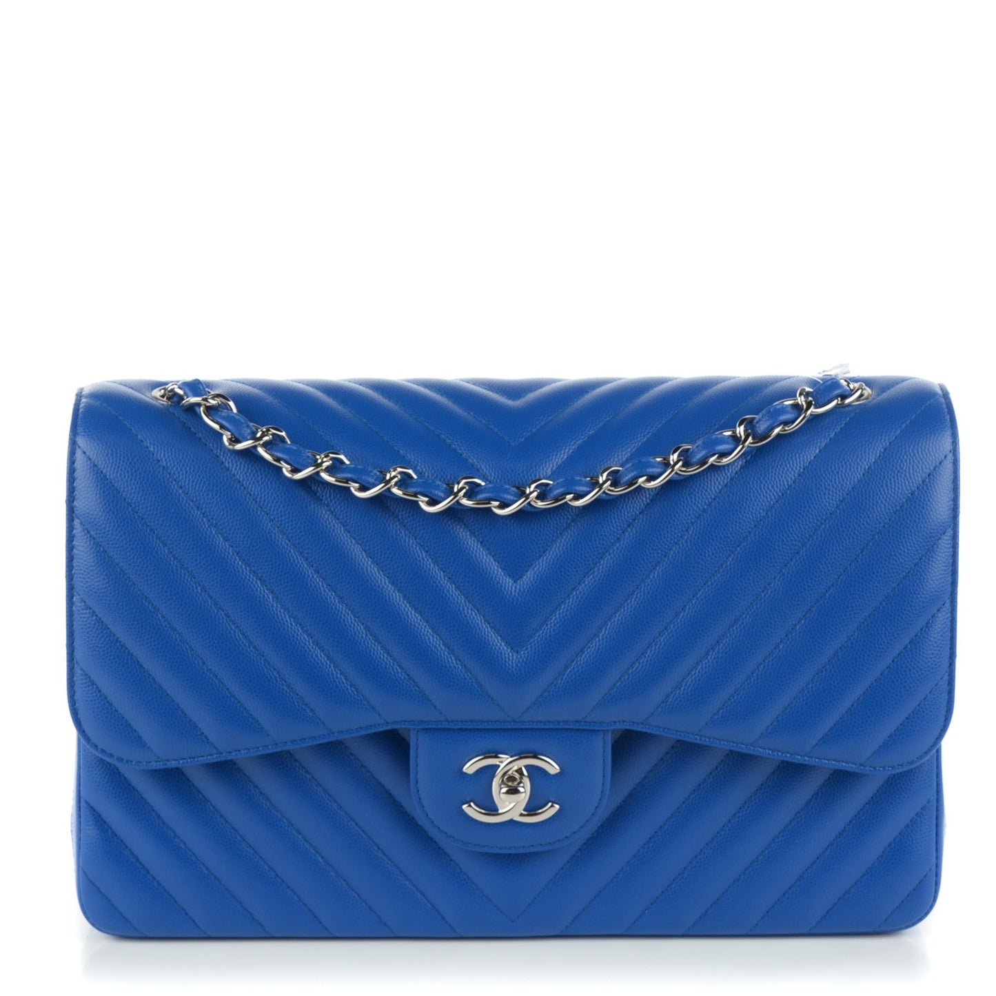 Caviar Chevron Quilted Jumbo Double Flap Bright Blue