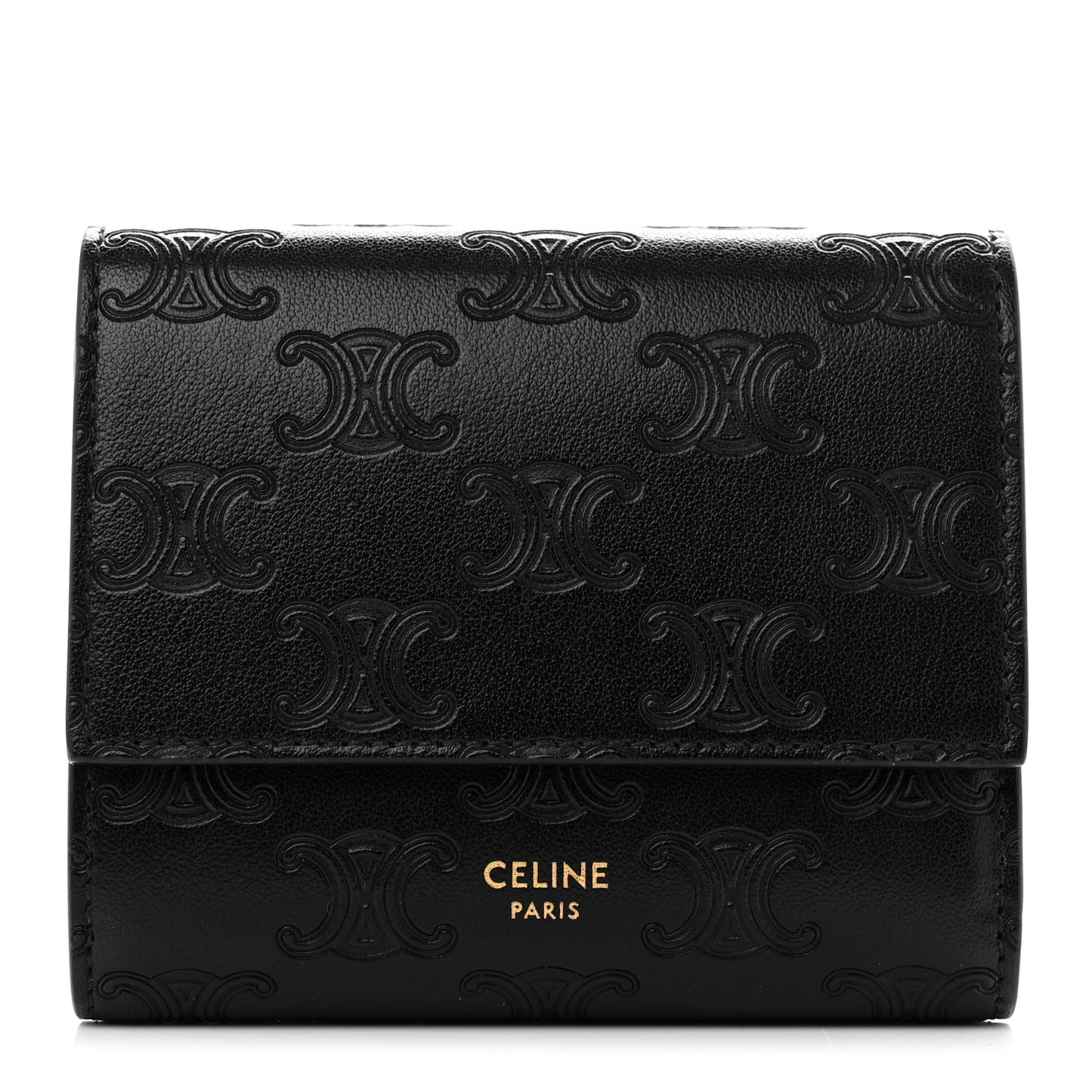 Smooth Calfskin Triomphe Embossed Small Multifunction Folded Wallet Black