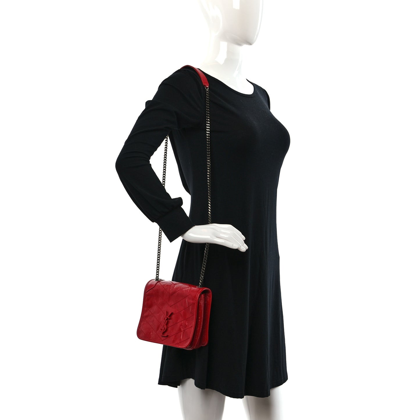 Crinkled Calfskin Matelasse Monogram Niki Chain Wallet Red