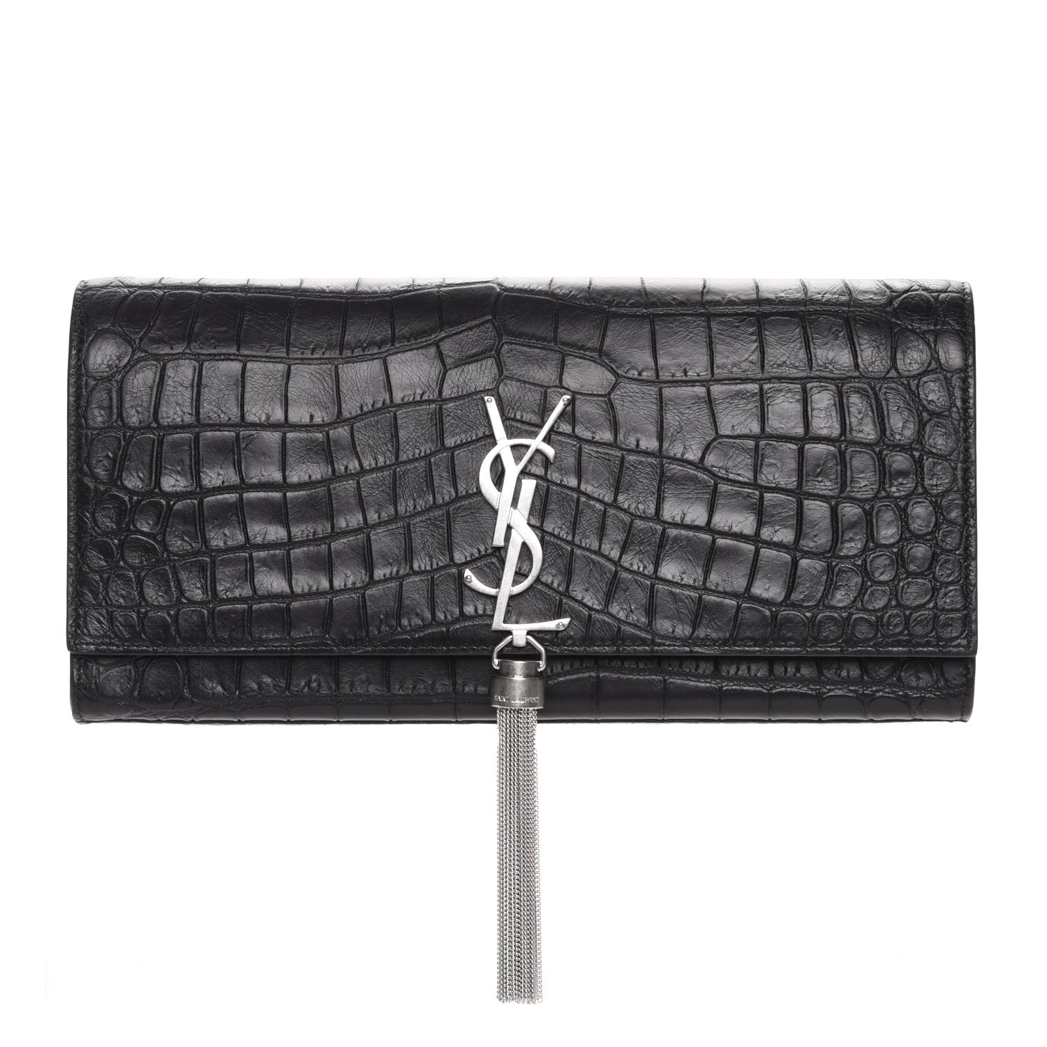 Saint Laurent Calfskin Crocodile Embossed Classic Monogram Tassel Clutch Black 1 of 7