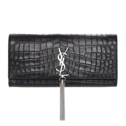Saint Laurent Calfskin Crocodile Embossed Classic Monogram Tassel Clutch Black 1 of 7