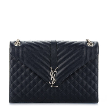 Saint Laurent Grain De Poudre Mixed Matelasse Large Triquilt Monogram Satchel Deep Marine 1 of 8