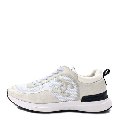 Chanel Calfskin Mesh Lycra Suede Womens Logo Sneakers 40 White 1 of 8