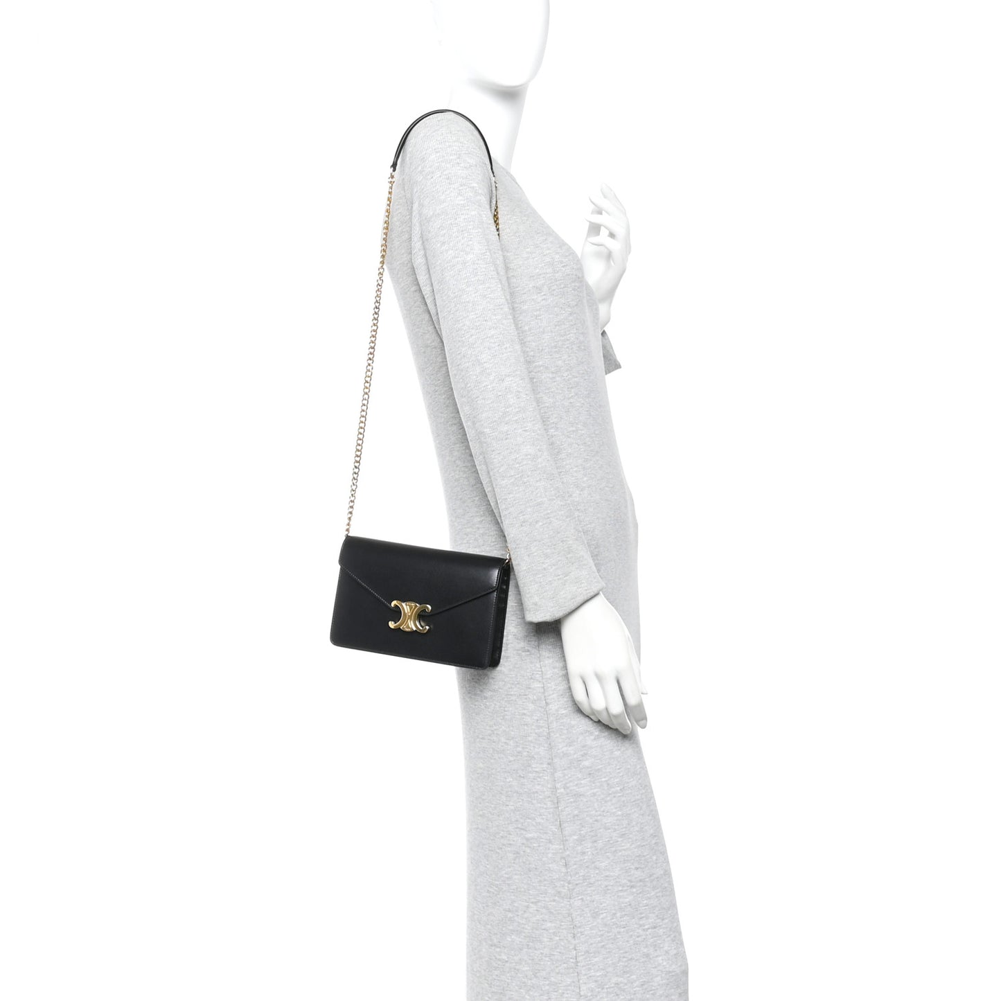 Shiny Calfskin Triomphe Margo Wallet on Chain Black