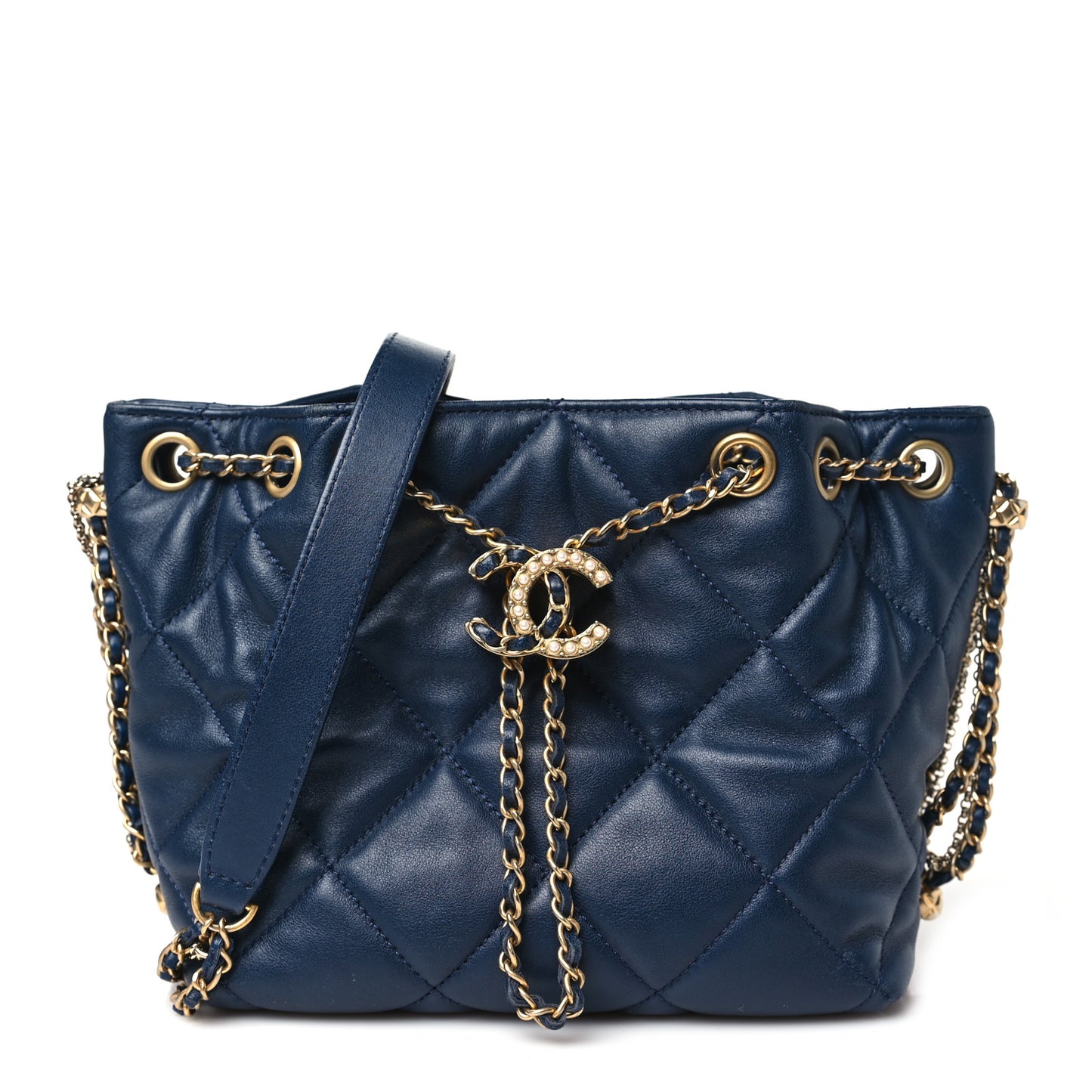 Lambskin Quilted Crush on Chains Drawstring Bucket Bag Hobo Navy