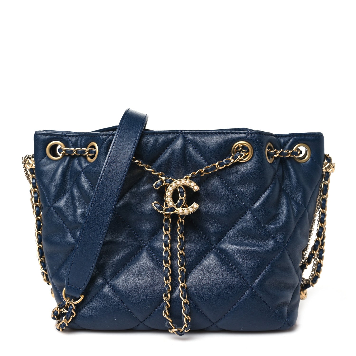 Chanel Lambskin Quilted Crush on Chains Drawstring Bucket Bag Hobo Navy 1 of 12