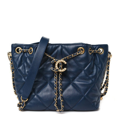 Chanel Lambskin Quilted Crush on Chains Drawstring Bucket Bag Hobo Navy 1 of 12