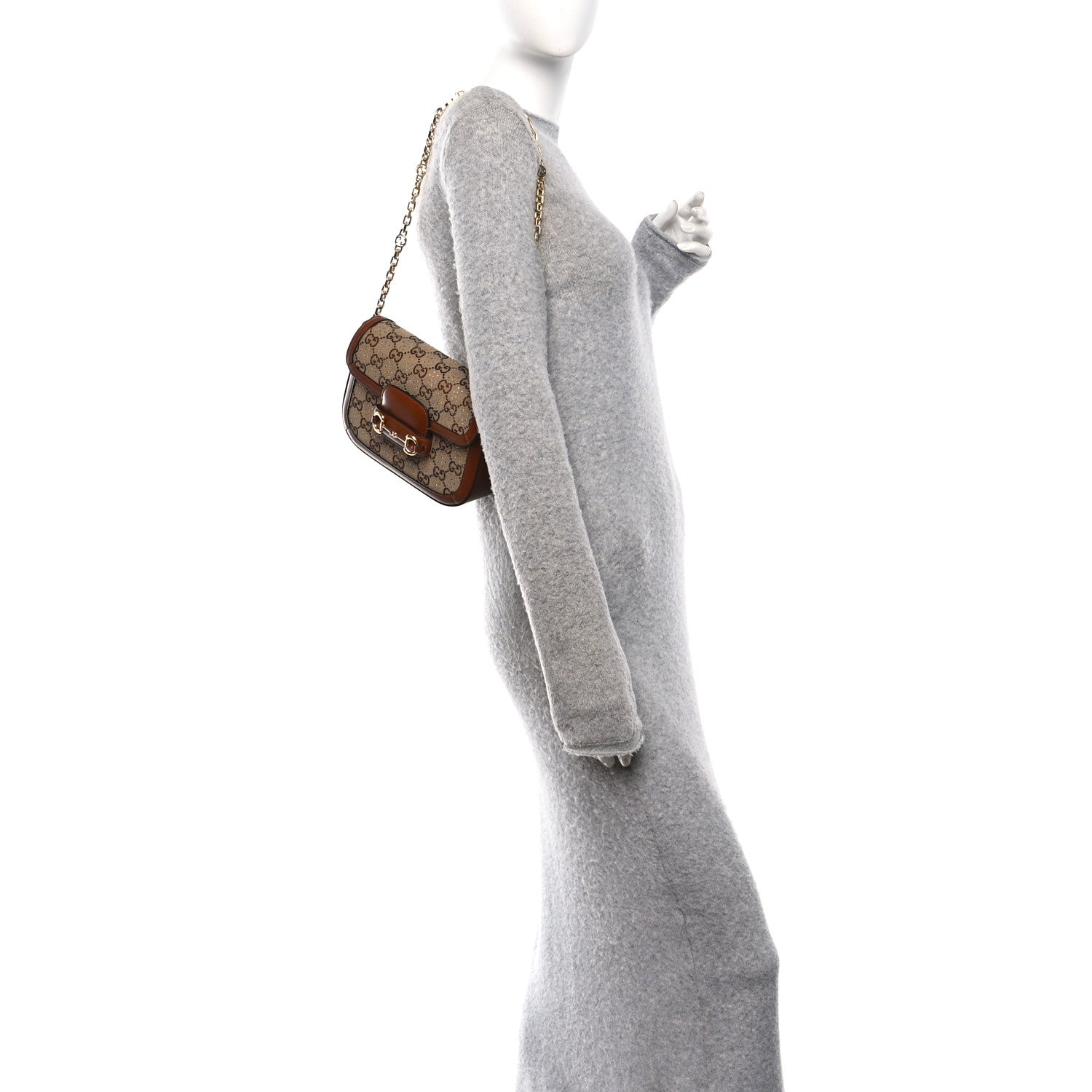 Gucci New Canvas Charisma Calfskin Crystal GG Monogram Mini Horsebit 1955 Shoulder Bag Camel Ebony 2 of 12