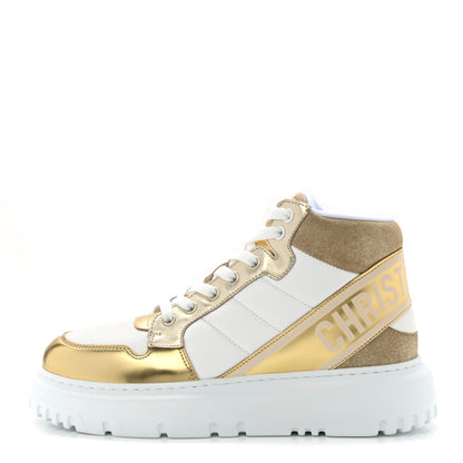 Christian Dior Nylon Laminated Calfskin Womens D-Player High Top Sneakers 37.5 White Gold 1 of 8