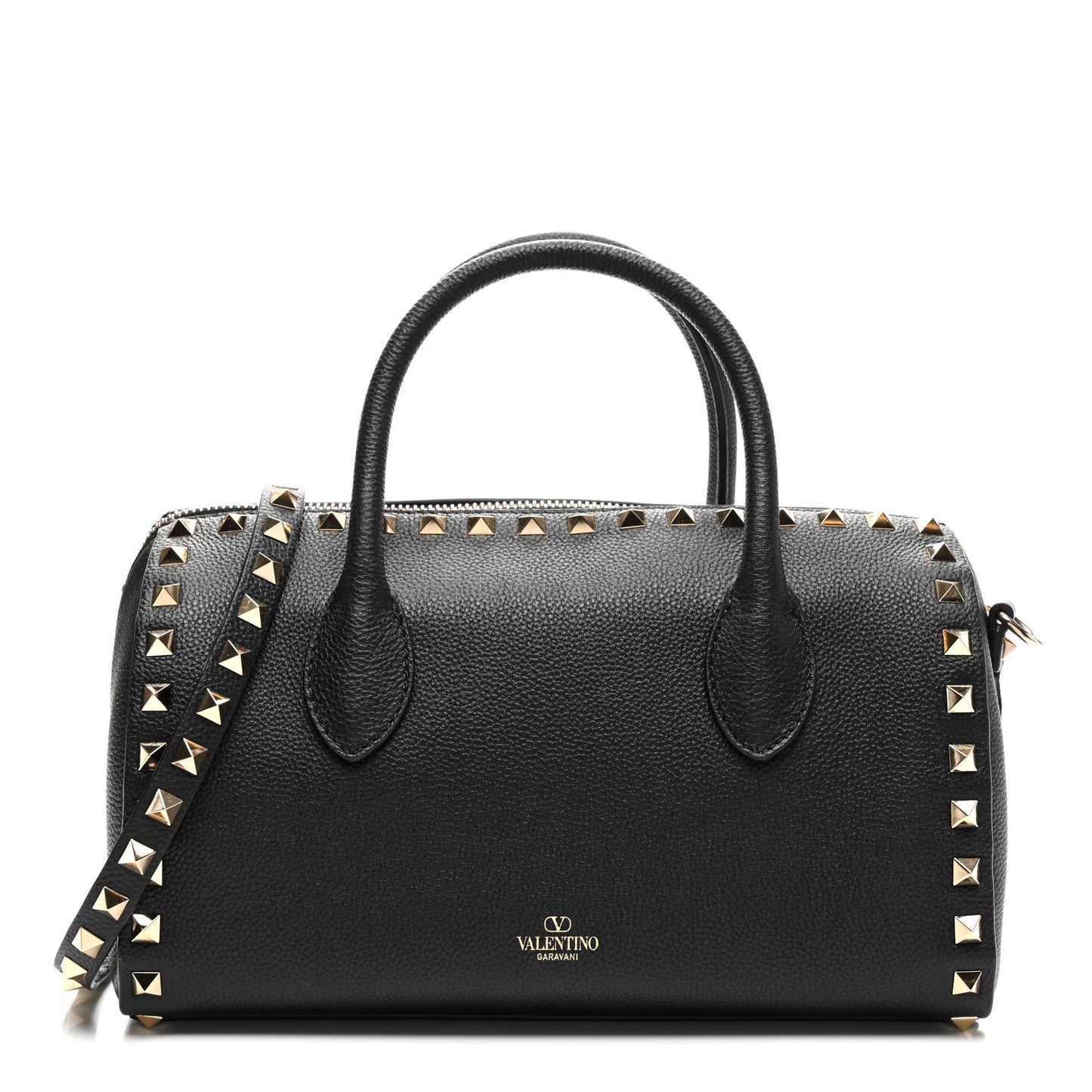 Pebbled Calfskin Rockstud Bowling Bag Black