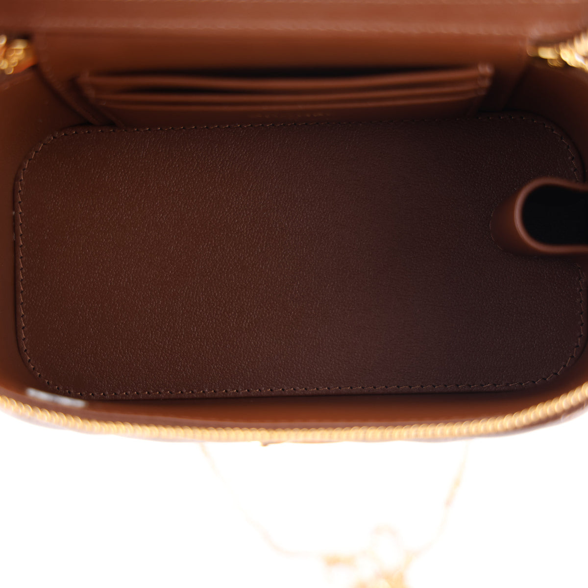 Shiny Lambskin Quilted Small Metal Wood Top Handle Vanity Case With Chain Brown