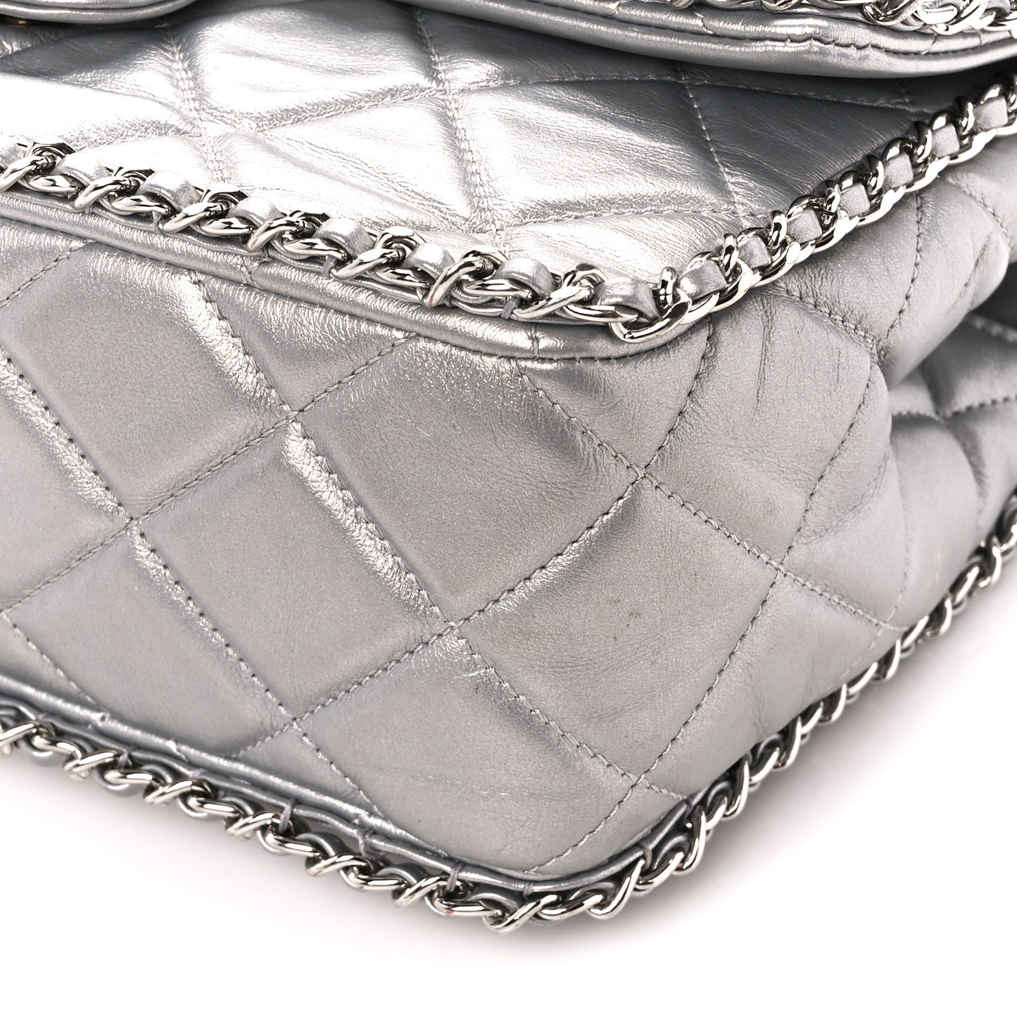 Metallic Lambskin Medium Chain All Over Flap Silver