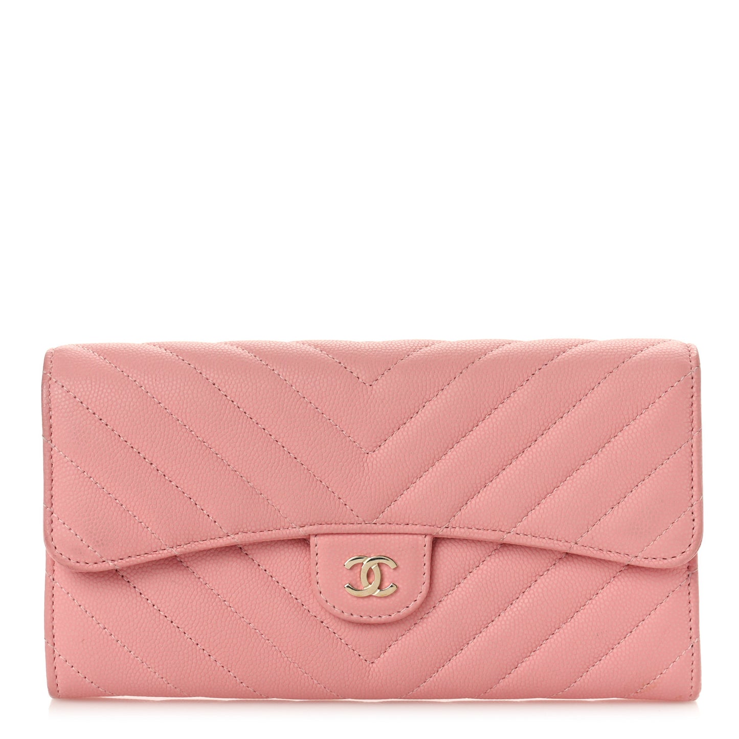 Caviar Chevron Quilted Large Gusset Flap Wallet Pink