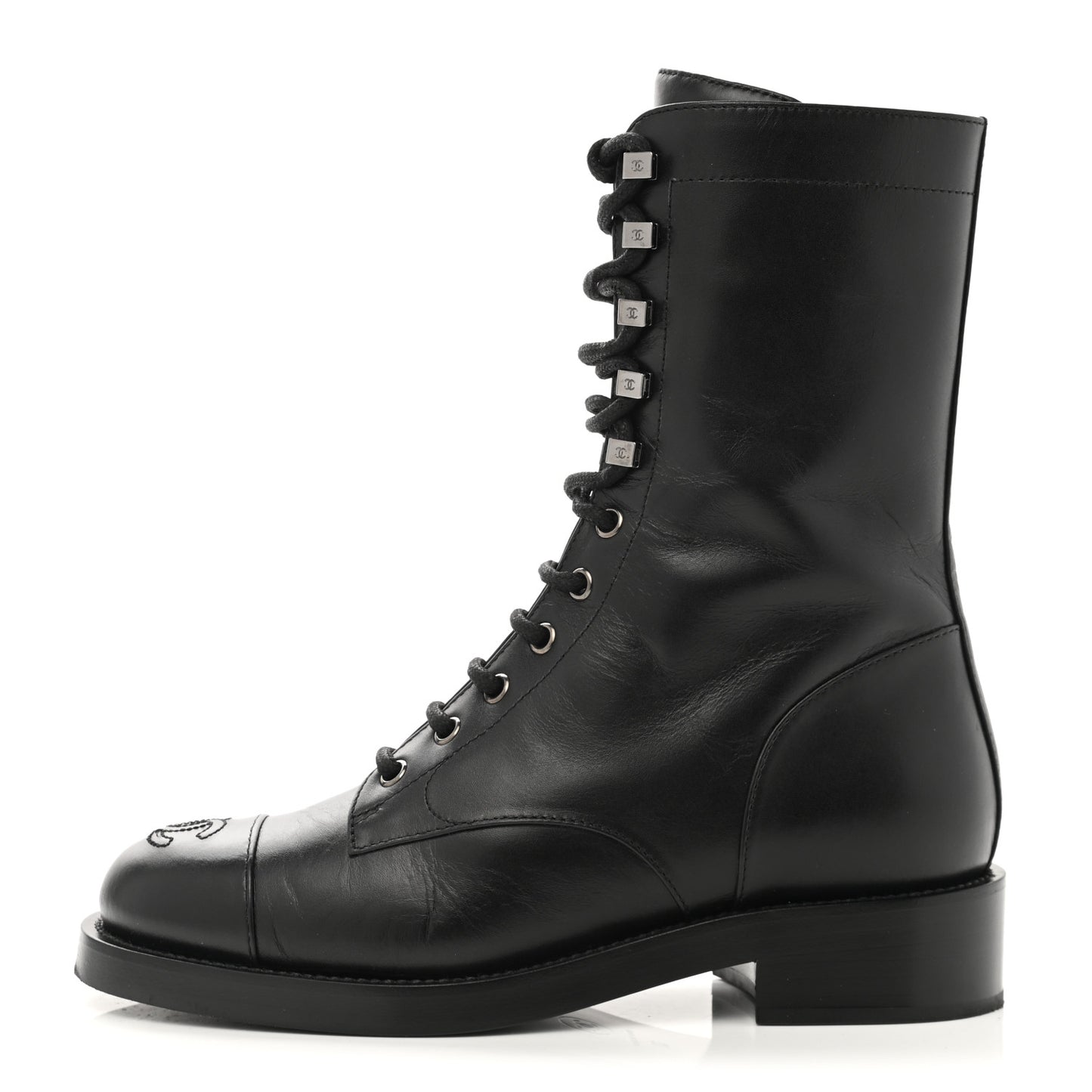 Crumpled Lambskin Shiny Calfskin Lace Up Combat Boots 37 Black