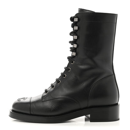 Chanel Crumpled Lambskin Shiny Calfskin Lace Up Combat Boots 37 Black 1 of 9