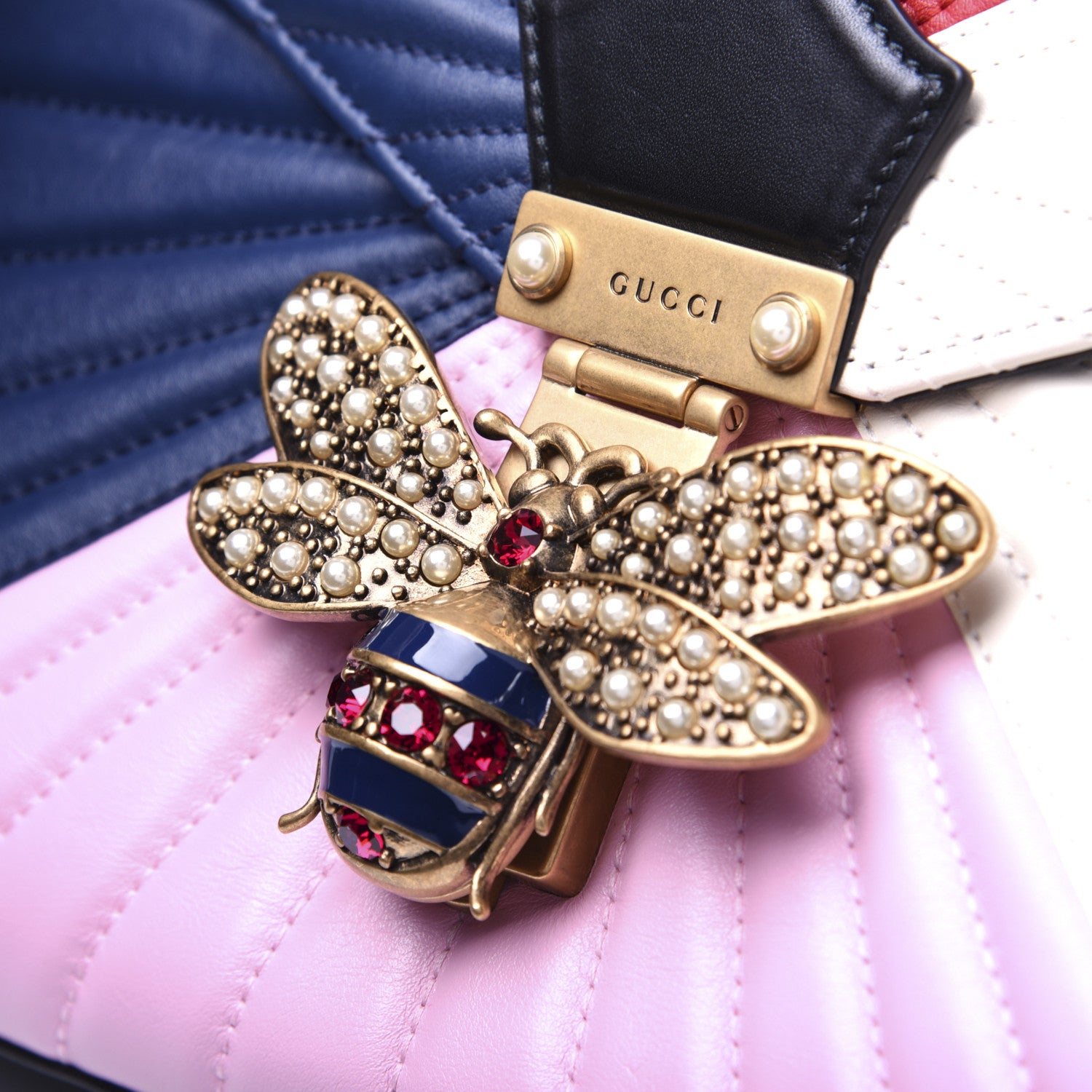 Gucci Calfskin Bamboo Trapuntata Queen Margaret Top Handle Bag Blue Agata Hibiscus Red Mystic White Sugar Pink 16 of 20