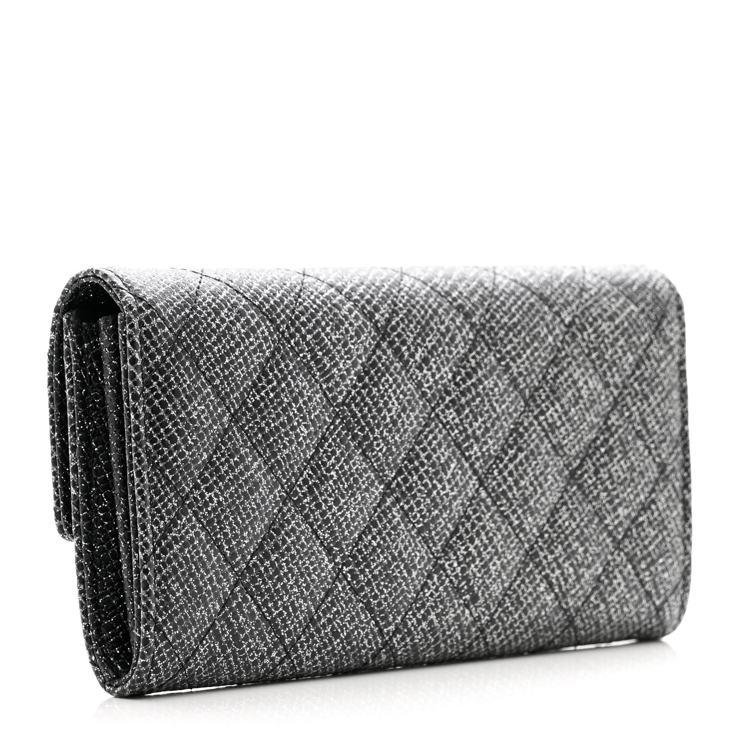 Glittered Calfskin Quilted Large Gusset Flap Wallet Dark Grey