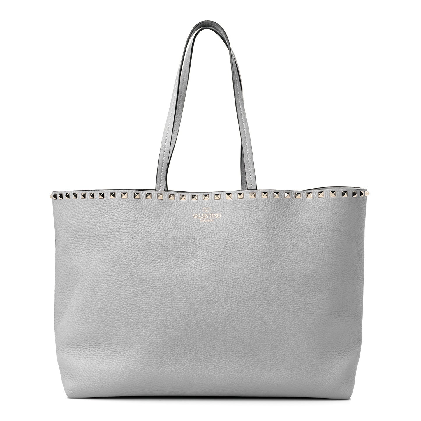 Grained Calfskin Rockstud Shoulder Tote Pastel Grey