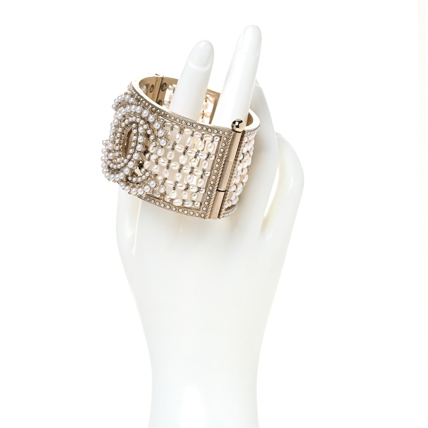 Crystal Pearl CC Cuff Bracelet Gold