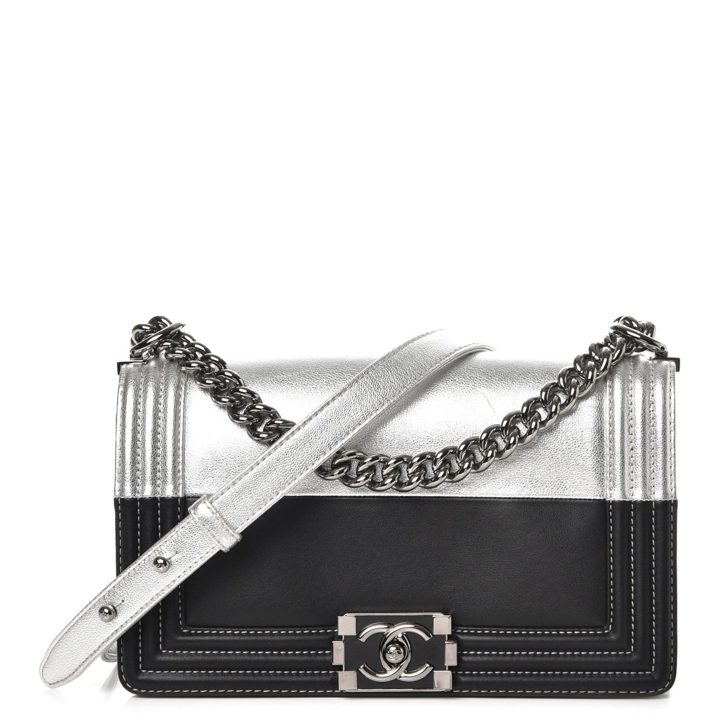 Metallic Goatskin Calfskin Medium Boy Flap Silver Black