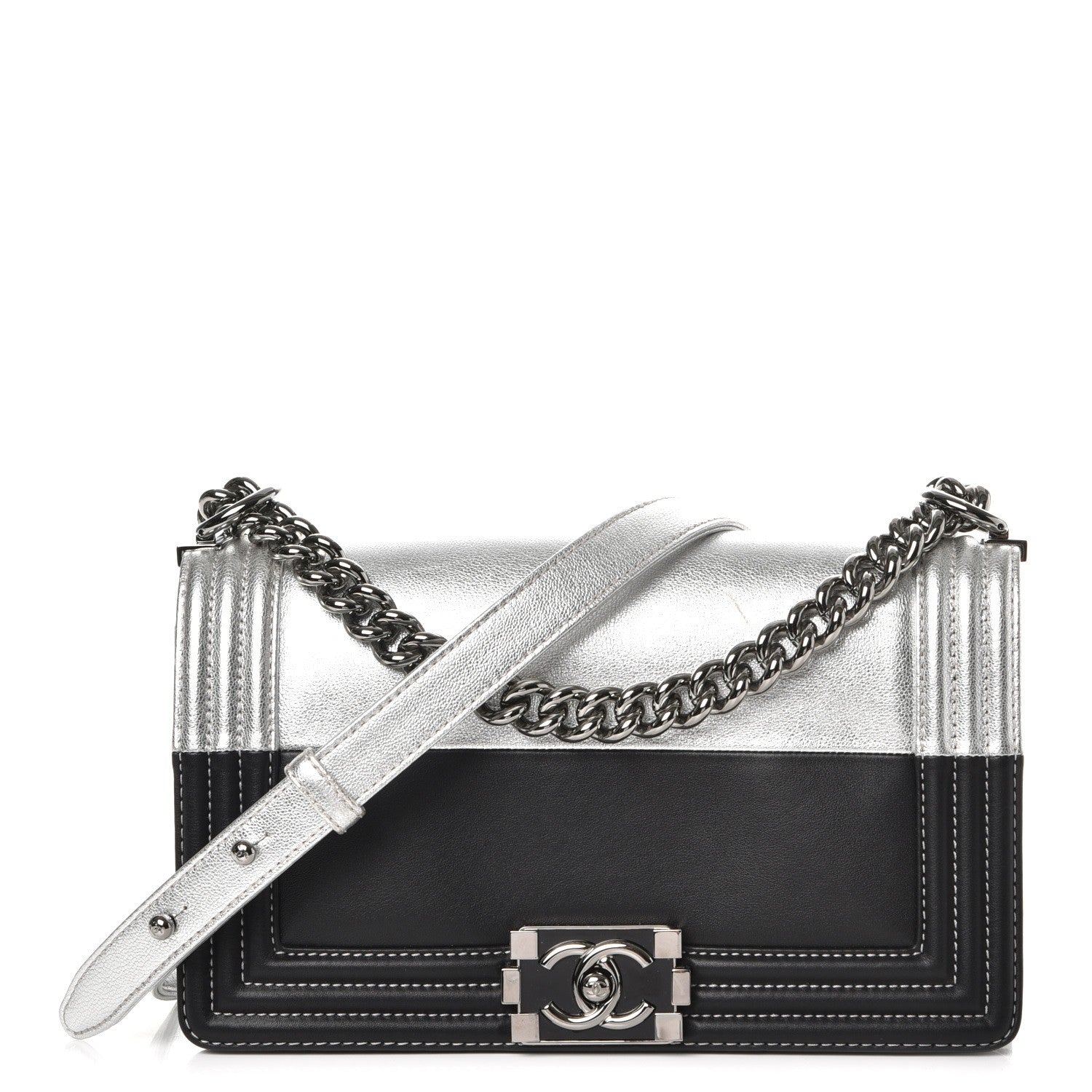 Chanel Metallic Goatskin Calfskin Medium Boy Flap Silver Black 1 of 9