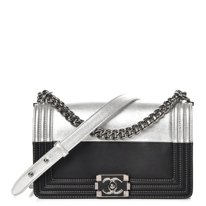 Chanel Metallic Goatskin Calfskin Medium Boy Flap Silver Black 1 of 9